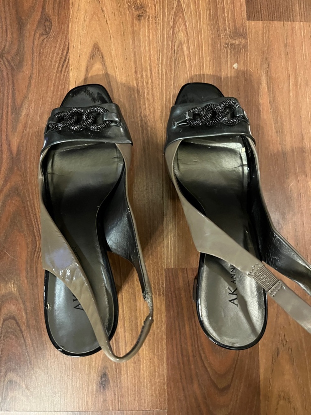 Anne Klein Black and Taupe Chain-Accent Slingback Heels.  3inch heel